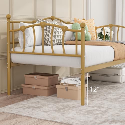 Twin Daybed with Trundle, Metal Sofa Bed Frame with Steel Slat Support, Twin Size Space-Saving Multifunctional Furniture for Living Room, Bedroom, Love Heart Design, No Box Spring Needed, Gold