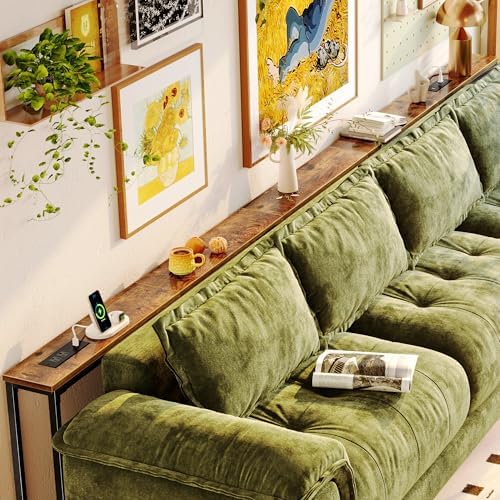 Huuger 129.9 Inch Behind Couch Table with 2 Power Outlets and USB-C Ports, Extra Long Narrow Sofa Table for Sectional Sofa, Skinny Console Table with Anti-Bump Pads, for Living Room, Rustic Brown