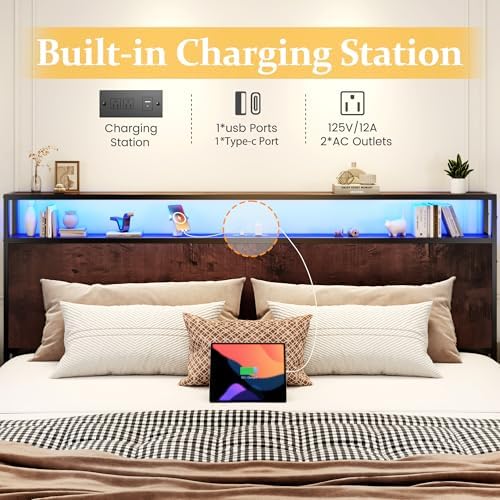 Lifezone King Bed Frame with 2-Tier Storage Headboard, Metal Platform Bed Frame with 4 Storage Drawers, Built in Charging Station & LED, Noise-Free/Metal Support/No Box Spring Needed, Coffee Brown