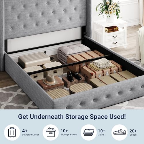 Allewie Full Size Lift Up Storage Button-Tufted Bed Frame Light Grey