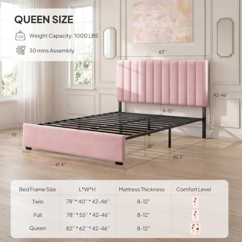Welzona Queen Size Velvet Upholstered Bed Frame with Tufted Headboard, Pink