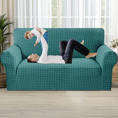 MAXIJIN Stretch Loveseat Couch Cover for 2 Cushion Couch (55"-69" Washable Sofa Slipcovers with Non-Slip Foam & Elastic Strap, Dog Cat Pet Friendly Furniture Protector (Medium, Peacock Blue)
