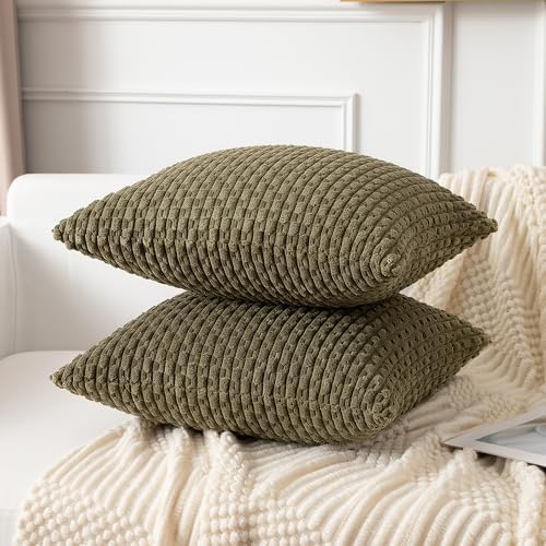 Kevin Textile Soft Corduroy 26x26 Inch Pillow Covers 2 Pack, Olive Green