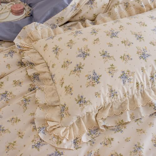 Blue Floral Duvet Cover Twin Size Cotton Lace Trim Comforter Cover Twin Size Ruffle Boho Pattern Zipper Duvet Cover Set with 2 Pillow Cases Princess Girls Bedding Set Farmhouse Duvet Protector