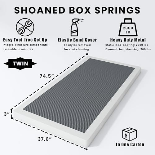 Twin Size Box Springs - 3 Inch Low Profile Mattress Foundation No Noise Heavy Duty Metal Basics Bed Base with Clean Fabric Cover, Easy Assembly