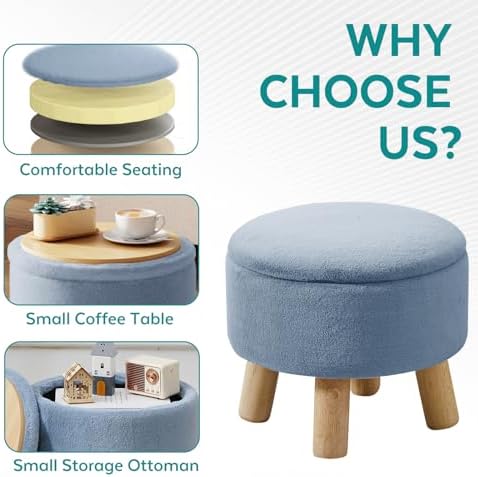 Small Foot Stool Ottoman with Storage, Soft Faux Fur Ottoman Foot Rest for Couch, Round Footstool with Storage, Small Ottomans and Footstools for Living Room and Entryway (Light Blue)