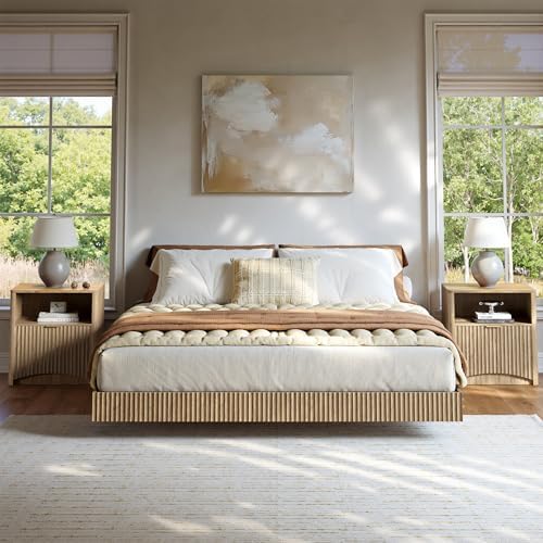 Evermagin Queen Bedroom Set, Fluted Floating Bed Frame & Nightstands, Oak