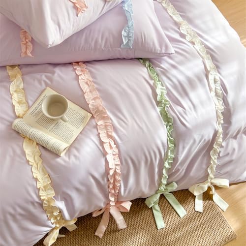 Rainbow Ruffles Bedding Set with Bow,Colorful Striped Duvet Cover, Cute Princess Style 2 PCS Duvet Cover Set-1 Duvet Cover and 1 Pillowcases for Girls Teens Bedroom,No Comforter