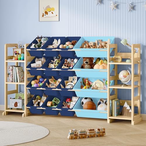 EXPERLAM Extra Large Toy Storage - Toy Storage Organizer, Wooden Toy Organizer with 6 Side Shelves and 16 Bins, 3-in-1 Bookshelf for Kids Rooms, Playroom, Nursery, Blue