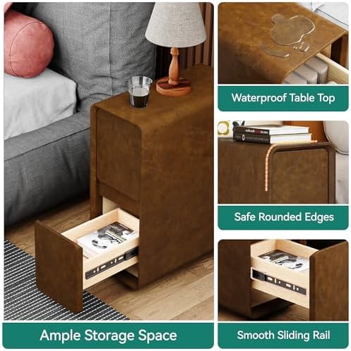 7.8" W Faux Leather Narrow Nightstand, Modern Fully-Assembled Bedside Table with 2 Drawers, Wood Night Stand Small Accent End Table & Side Table for Bedroom, Brown