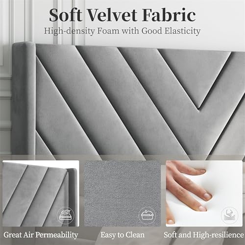 Yaheetech Queen Bed Frame with Chevron Channel-Tufted Headboard, Light Grey