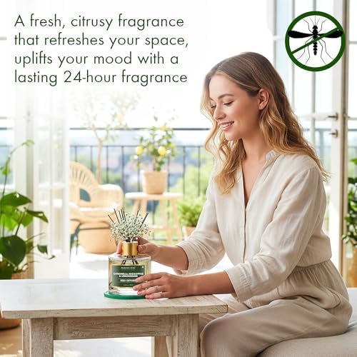 Majestic Pure Citronella, Eucalyptus & Lemongrass Reed Diffuser for Home, Bathroom & Office | Natural Aromatherapy Air Freshener with Reed Sticks & Dried Flower 3.4 fl oz