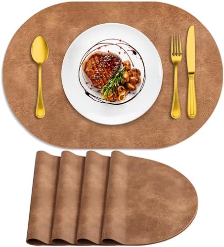 ADRIMER Oval Placemats Set of 4, Wipeable Faux Leather, Sandy Light Brown