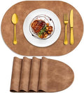ADRIMER Oval Placemats Set of 4, Wipeable Faux Leather, Sandy Light Brown