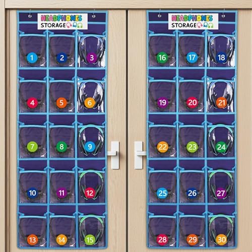 2 Pack Classroom Headphone Storage Organizer with 30 Pockets & 62 Labels