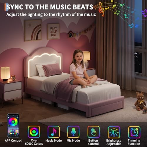 IDEALHOUSE Twin Bed Frame with LED Headboard and Under-Bed Drawer, Boucle Fabric Upholstered Platform Bed with LED Light for Kids, Girls, Wooden Slats Support, No Box Spring Needed, Pink