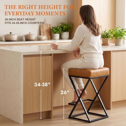 Bar Stools, 26 Inch Counter Height, Faux Leather Brown, Set of 2