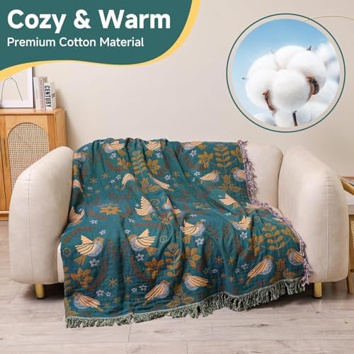 Bird Pattern Boho Throw Blanket for Bed Decor 50"×60" Teal/Cream