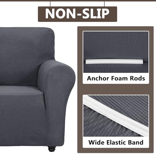 3 Piece Stretch Matching Chair and Ottoman Slipcover Set, Jacquard Arm Chair/Ottoman/Fitted Seat Covers, Non-Slip Accent Armchair and Foot Stool Slip Cover (Blue Gray,3 Pieces Set)