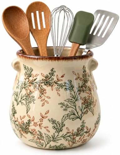 Vintage Ceramic Utensil Holder, Cream Floral Crock for Kitchen Counter