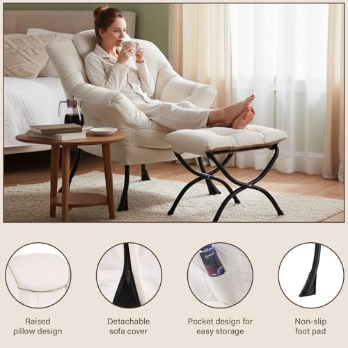 Welnow Lazy Chair with Ottoman, Reading Chair with Footrest, Off‑White