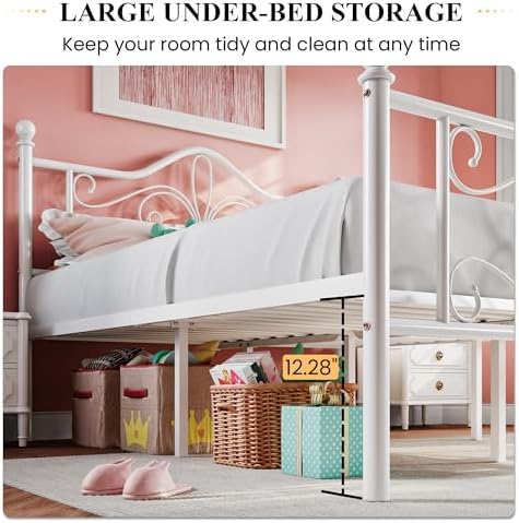 SHA CERLIN Twin XL Size Metal Bed Frame with Butterfly Headboard, White