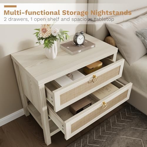 Eclatara Large Rattan Night Stand Set of 2 with 2 Drawers and Storage Shelf