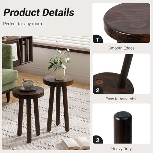 Wood Plant Stand Set of 2 (18+16" Tall) - Dark Walnut Round Solid Wood Plant Stand, Side Table, or Bathroom Stool - Heavy Duty Stool for Small Spaces
