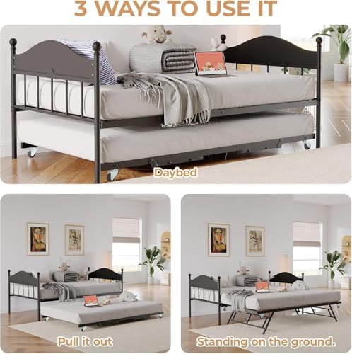 Garvee Daybed with Pop Up Trundle, Twin Trundle Beds for Guest Room, Black
