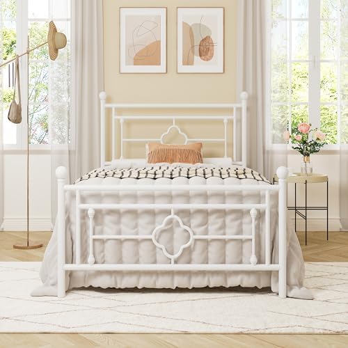 Allewie Twin Size Metal Platform Bed Frame, Victorian Headboard, White