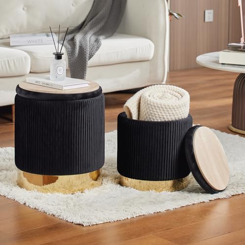 Round Ottoman with Storage Set of 2 Black Vanity Stool Foot Rest