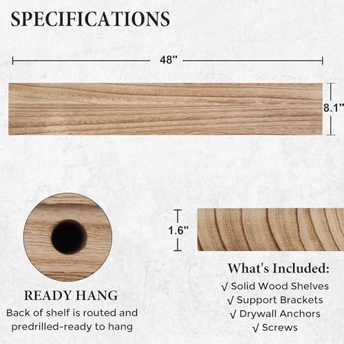 Axeman Floating Shelves, 8 Inch Deep Modern Solid Wood Wall Shelves for Storage, Wall Mounted Display Shelving with Invisible Heavy-Duty Metal Bracket, 48" W x 8" D x 1.6" H, Light Carbonized