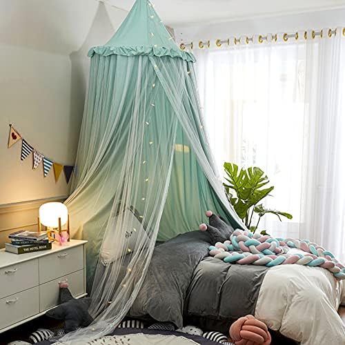 VETHIN Bed Canopy Double Layer Princess Round Dome Dreamy Mosquito Net Bedding Girls Room Castle Play Tent Hanging House Decor Reading Nook Canopies(Green/White)