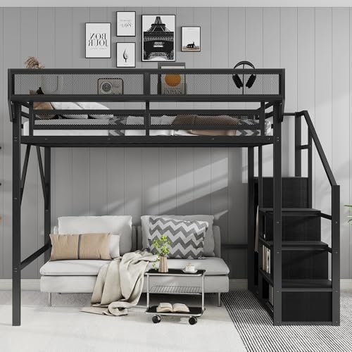 Queen Size Metal Loft Bed with Storage Stairs & Open Wardrobe, Black