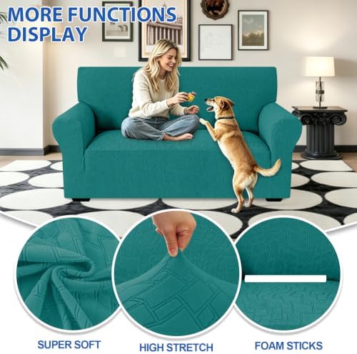 MAXIJIN Waterproof Loveseat Cover Couch Covers (55"-69"), Stretch Love Seat Sofa Slipcovers with Non Slip Elastic Bottom, Dog Pet Friendly Furniture Protector Washable (Medium, Blackish Green)