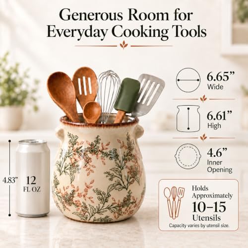 Vintage Ceramic Utensil Holder, Cream Floral Crock for Kitchen Counter
