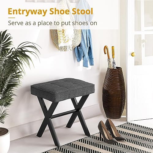 LUE BONA Vanity Stool, Square Linen Makeup Stool with Metal X Legs, Small Ottoman Stool Chair for Vanity, Modern Padded Vanity Seat Foot Rest Stool for Makeup Room, Living Room, Bathroom, Carbon Gray