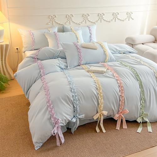 Rainbow Ruffles Bedding Set with Bow,Colorful Striped Duvet Cover, Cute Princess Style 2 PCS Duvet Cover Set-1 Duvet Cover and 1 Pillowcases for Girls Teens Bedroom,No Comforter