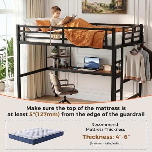 Full Size Loft Bed with Desk, USB Charging Station, LED Light and 2 Storage Shelves, Metal Heavy Duty Full Loft Bed for Adults, Teens, No Box Spring Needed, Black