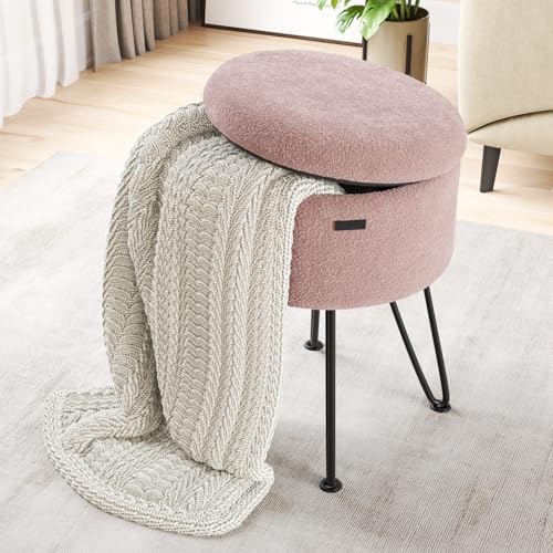 Round Ottoman with Storage, Boucle Storage Ottoman, Foot Stool Ottomans, Makeup Vanity Stool, Small Ottomans Foot Rest, Modern Vanity Stools for Living Room and Bedroom, Pink