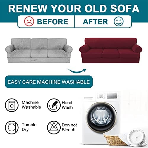 Turquoize 4 Piece T Cushion Sofa Slipcovers Stretch Couch Cover Furniture Covers with 3 Individual T Cushion Covers, Machine Washable (3 Cushion Sofa, Burgundy)