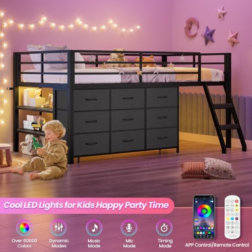 Low Loft Bed Twin Size with 9 Storage Drawers, LED Lights Loft Bed