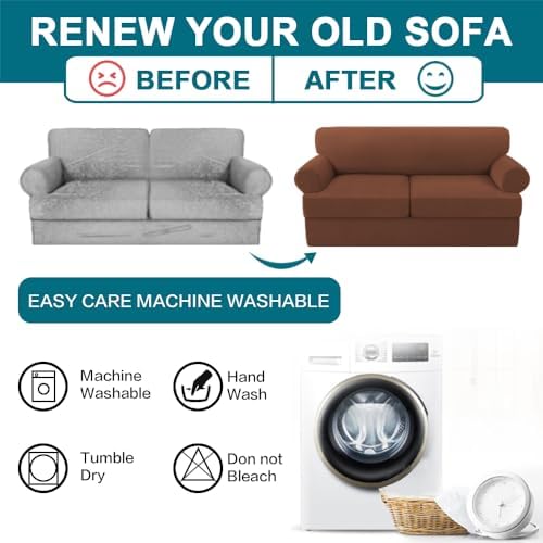Turquoize 3 Piece T Cushion Sofa Slipcovers Stretch Couch Cover Furniture Covers with 2 Individual T Cushion Covers, Machine Washable (2 Cushion Sofa, Caramel)
