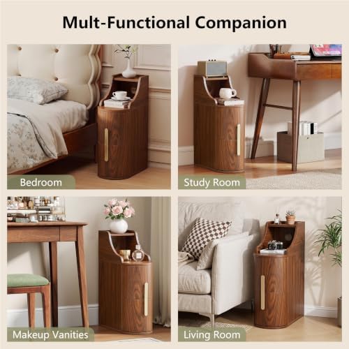 7.87" Narrow Nightstand Set of 2, Small Bedside Table with 2 Drawers, Walnut Skinny Side Table, Modern Nightstand with 1 Semi-Open Shelf, Floating End Table for Living Room, Bedroom