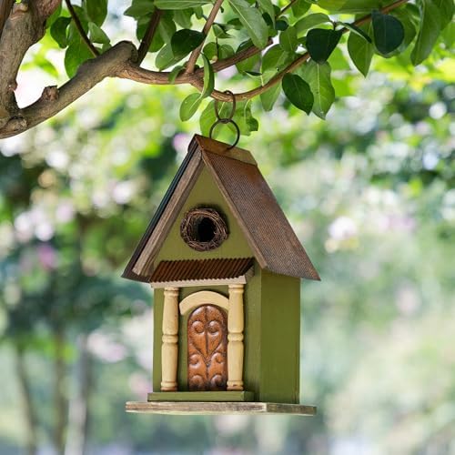 Glitzhome Hanging Birdhouse for Outdoors, Bird Houses for Outside, 11.25" H Vintage Distressed Decorative Wooden Bird House Garden Birdhouse for Bluebird Hummingbird Wren Finch Cardinals Cedar