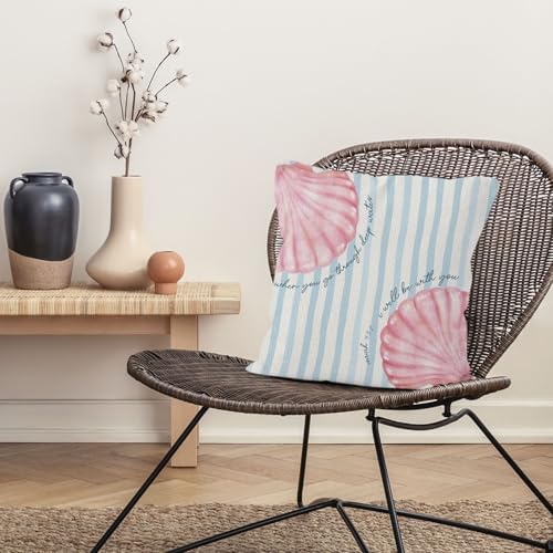 Christian Preppy Beach Seashell Throw Pillow Cover 18x18, Coastal Pink Seashell Bible Verse Decorative Pillow Covers for Home Bedroom Living Room, Religious Beach Accent Pillows Cover Pillowcases