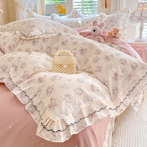 HighBuy Ruffle Floral Duvet Cover King,Durable Cotton Vintage Floral Comforter Cover,Breathable Cottagecore Blush Bedding Set for Women Girls,1 King Duvet Cover and 2 Ruffle Pillowcases
