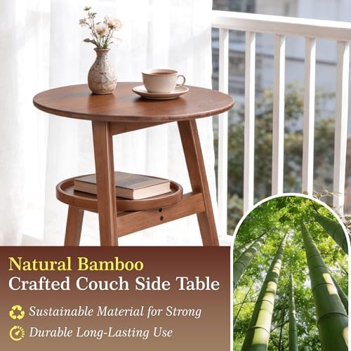 2-Tier Round Bamboo Side Table, Mid Century Modern End Table