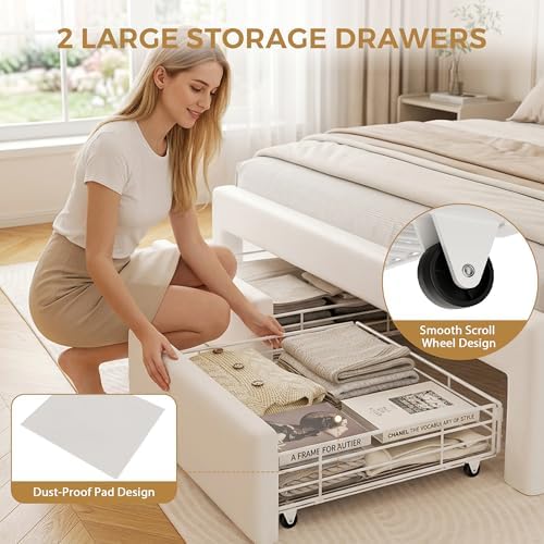 Kids LED Bed Frame with Storage Headboard & 2 Storage Drawers (Queen&Beige)