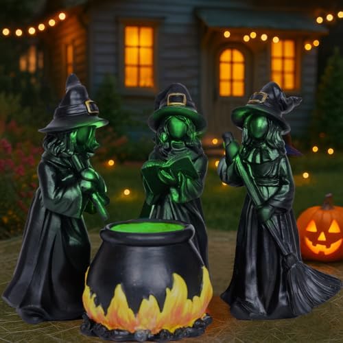 Halloween Witch Figurine Set with Glowing Cauldron – 4PCS Resin Halloween Decorations for Tabletop Mantel Tiered Tray Indoor Haunted House Spooky Witch Statues, Mini Figurines Gothic Home Decor